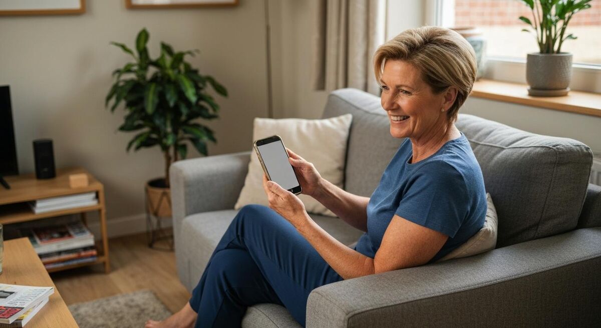 A UK homeowner sat on her sofa leaving a 5 star Google review on her phone