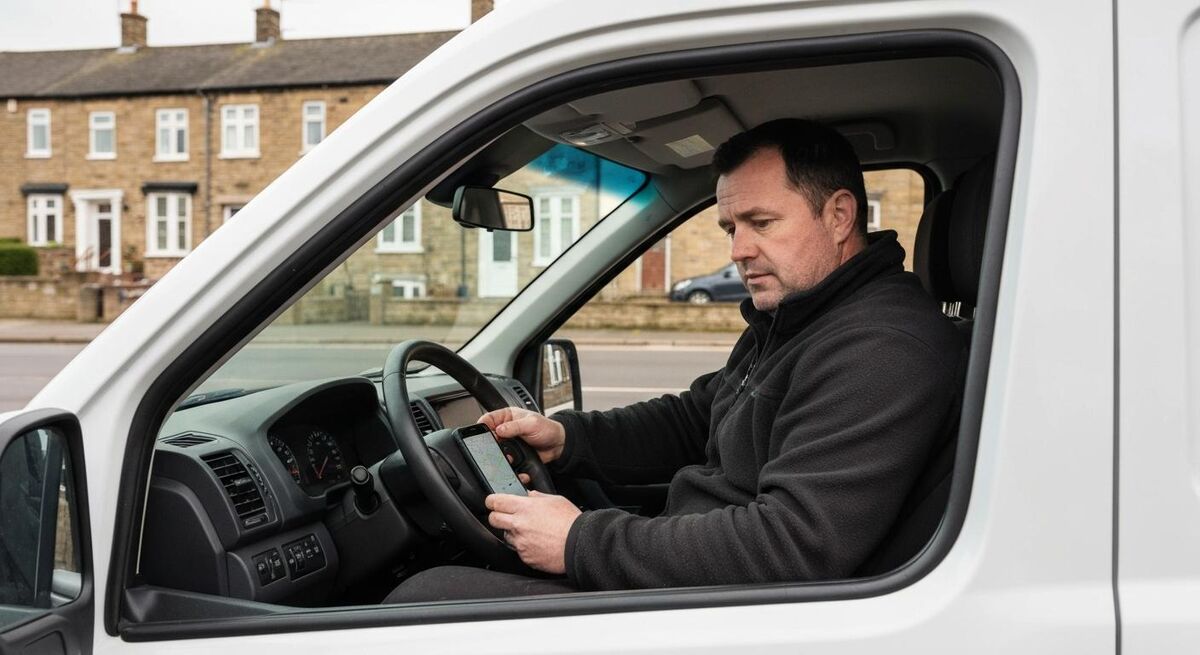 UK heating engineer in van checking his phone for missed calls