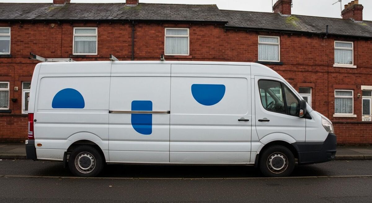 Heating engineer van with clear professional branding parked outside a UK terraced house