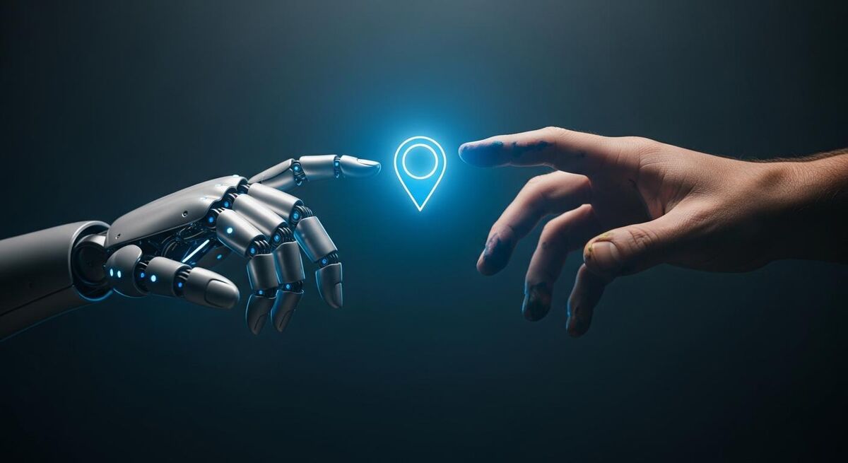 Robot hand and tradesperson hand reaching towards a glowing map pin