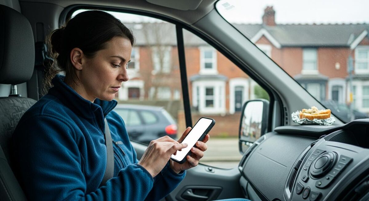 Female tradesperson updating her phone during a van lunch break