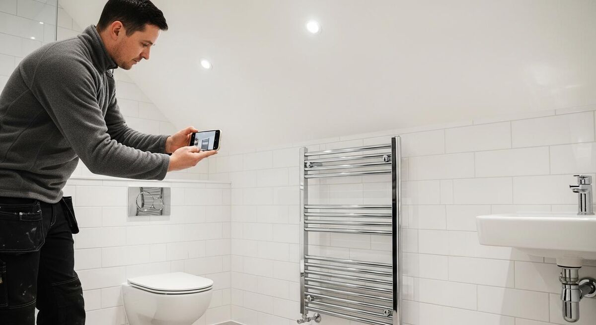 Plumber photographing a newly installed towel radiator in a modern UK bathroom
