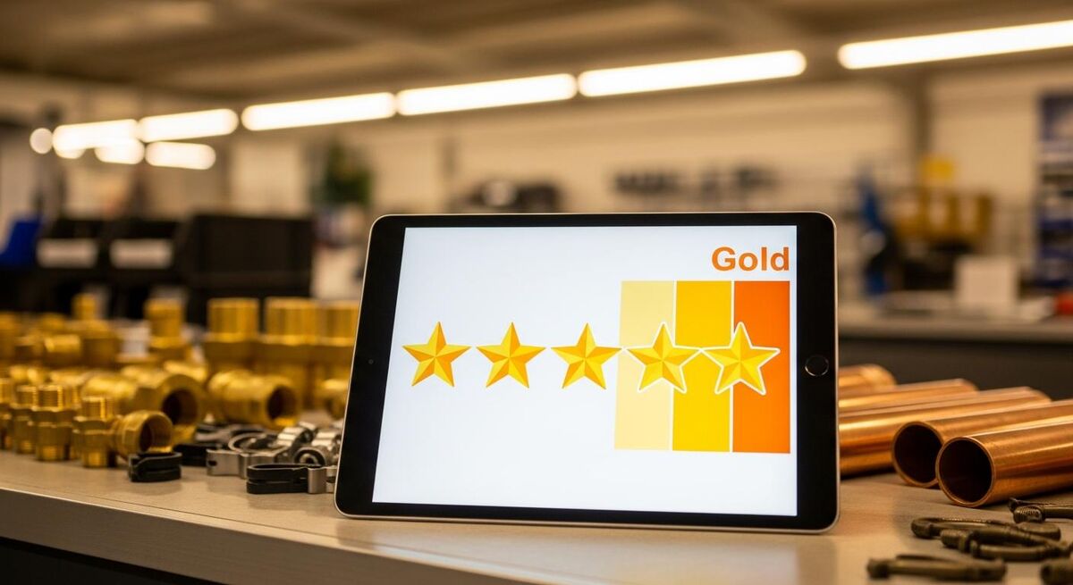 Five-star review rating on a tablet at a trade counter with copper pipe