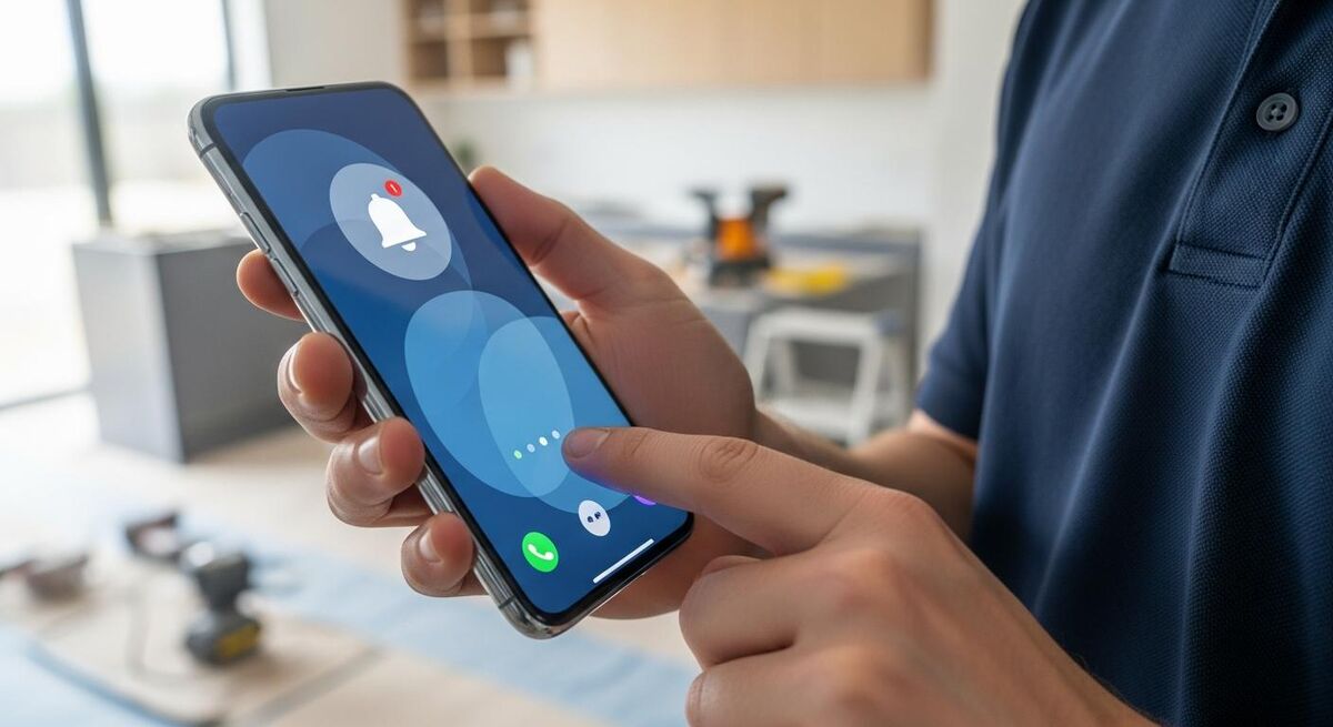 Tradesperson checking phone notifications on a job site