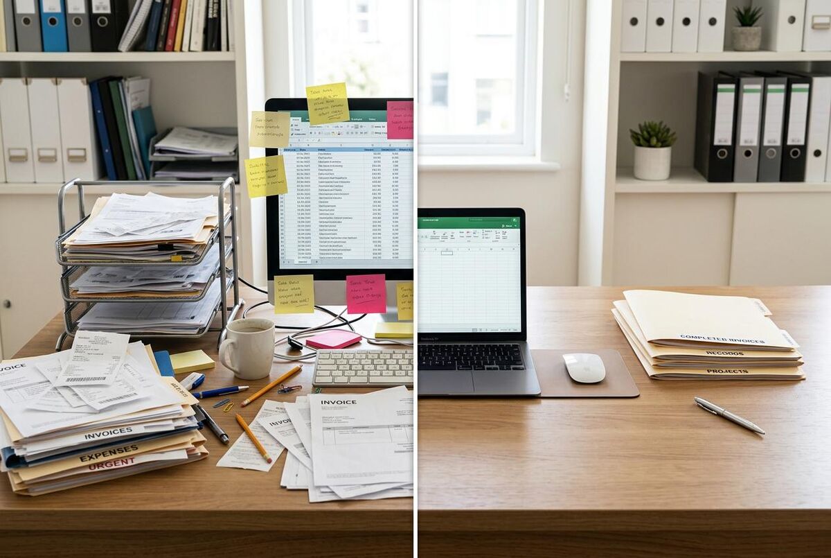 Split comparison of a messy desk with paper invoices versus a clean organised digital workspace