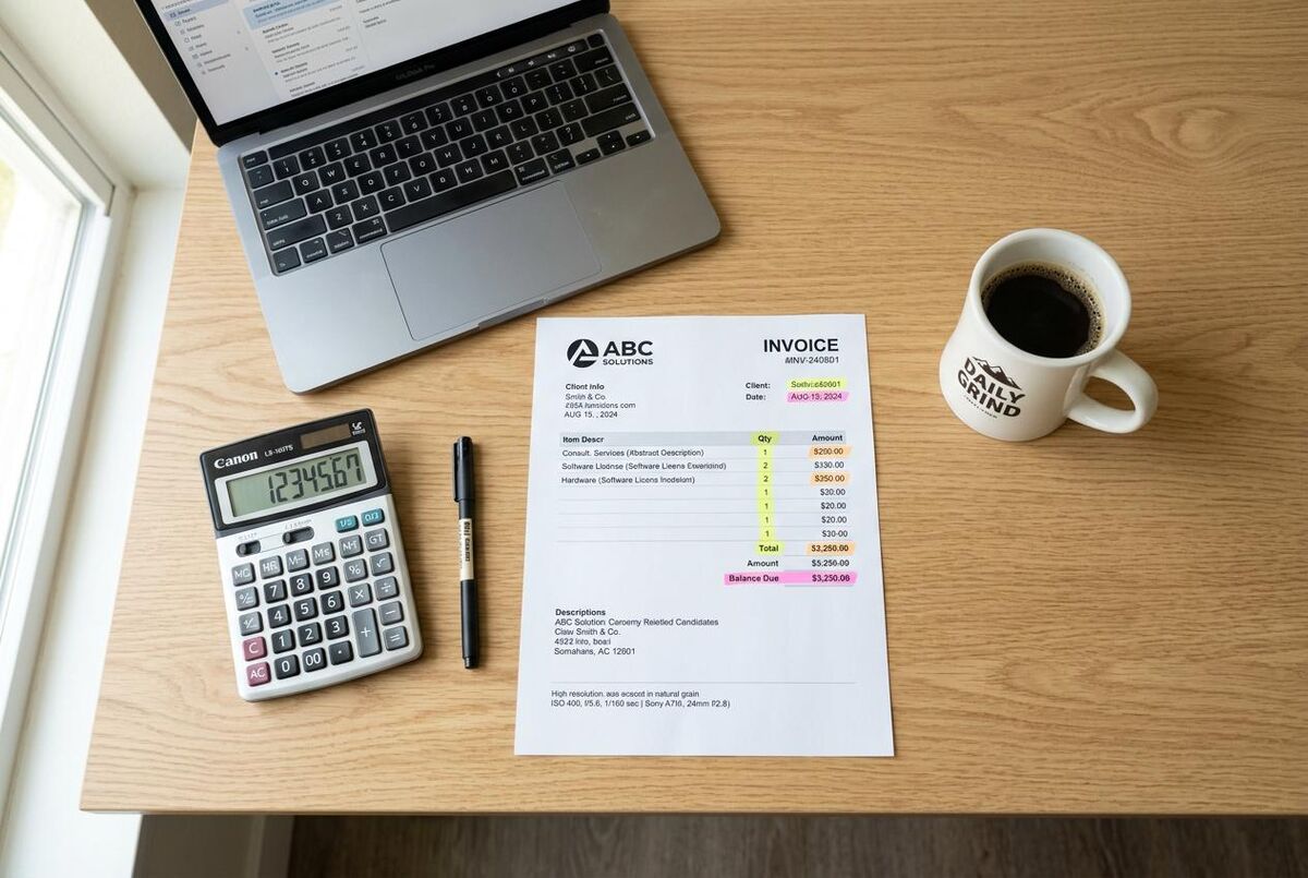 Overhead view of a desk with invoices and a laptop showing payment notifications
