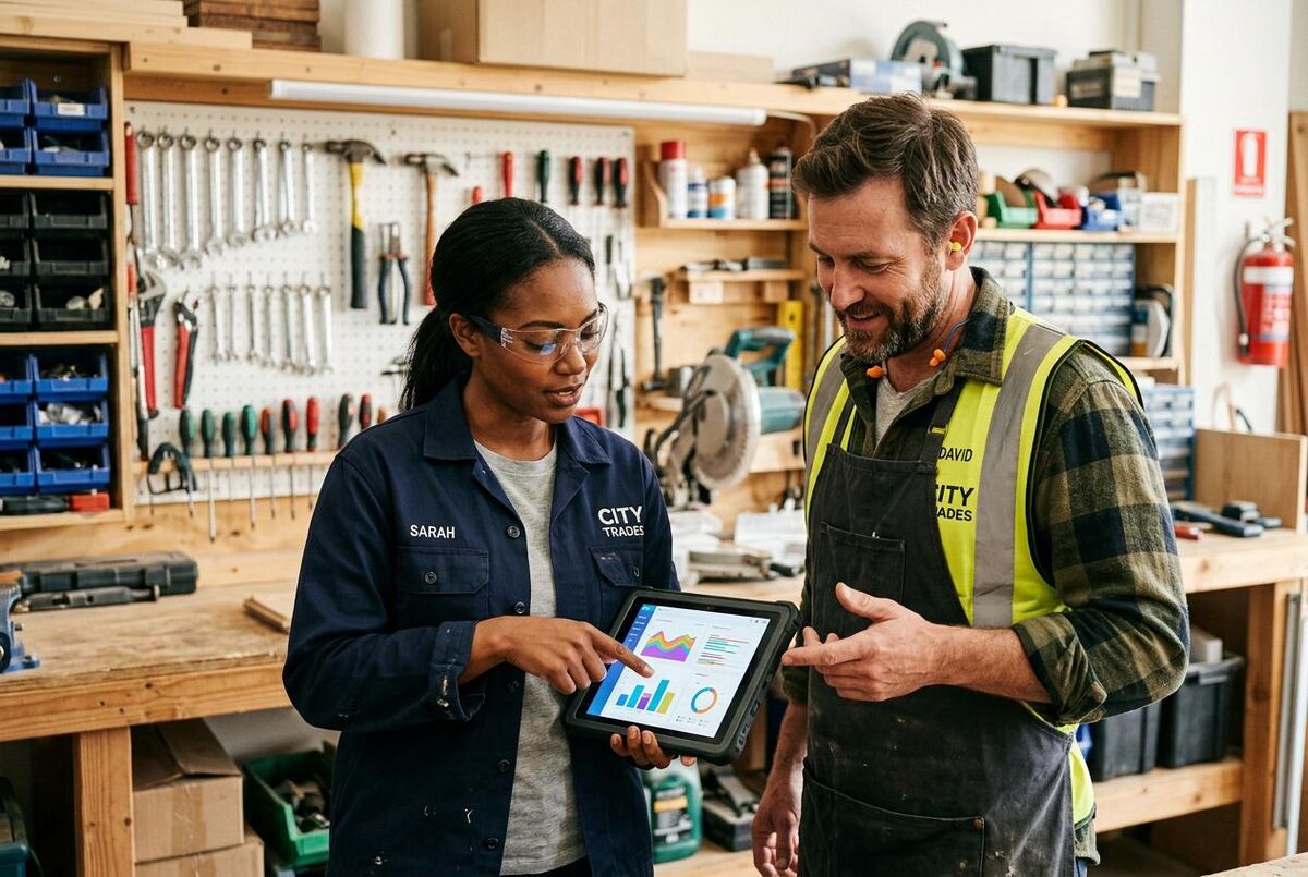 Two tradespeople reviewing workflow automation on a tablet in their workshop