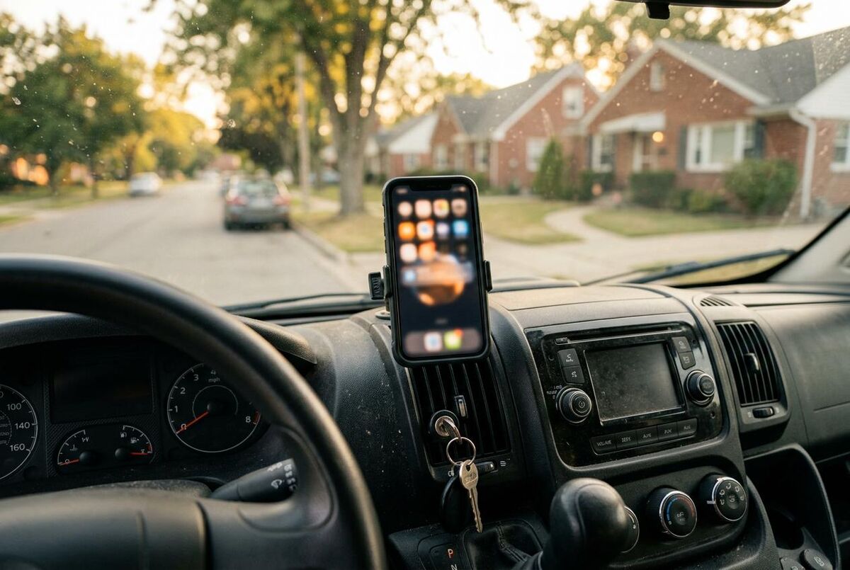 Phone mounted on a van dashboard showing morning notifications at golden hour