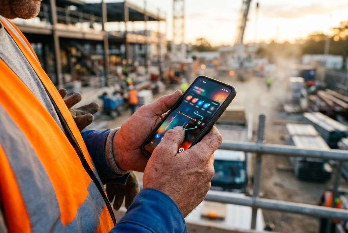 Tradesperson checking automated notifications on their phone at a job site