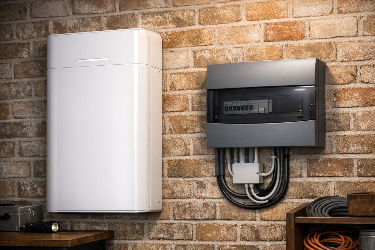 Wall-mounted home battery storage unit installed in a utility room next to an electrical consumer unit