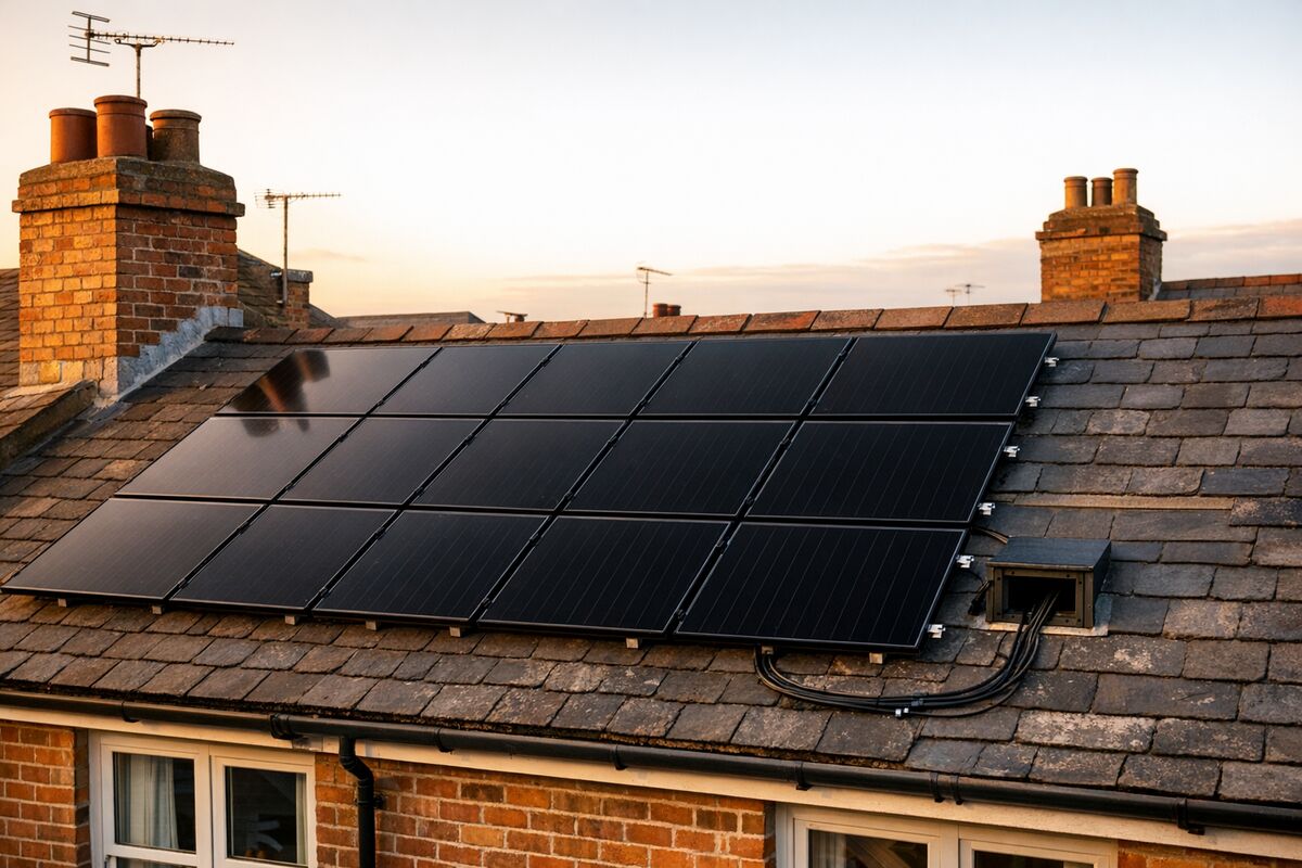 Domestic solar PV array installed on a residential roof with cabling running to an inverter