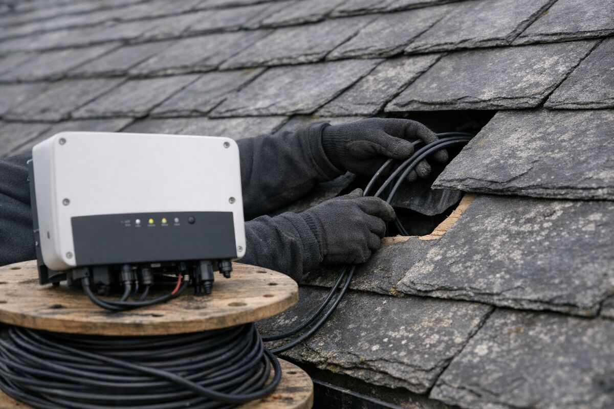 UK installer fitting solar PV panels on a residential roof with cabling and inverter visible