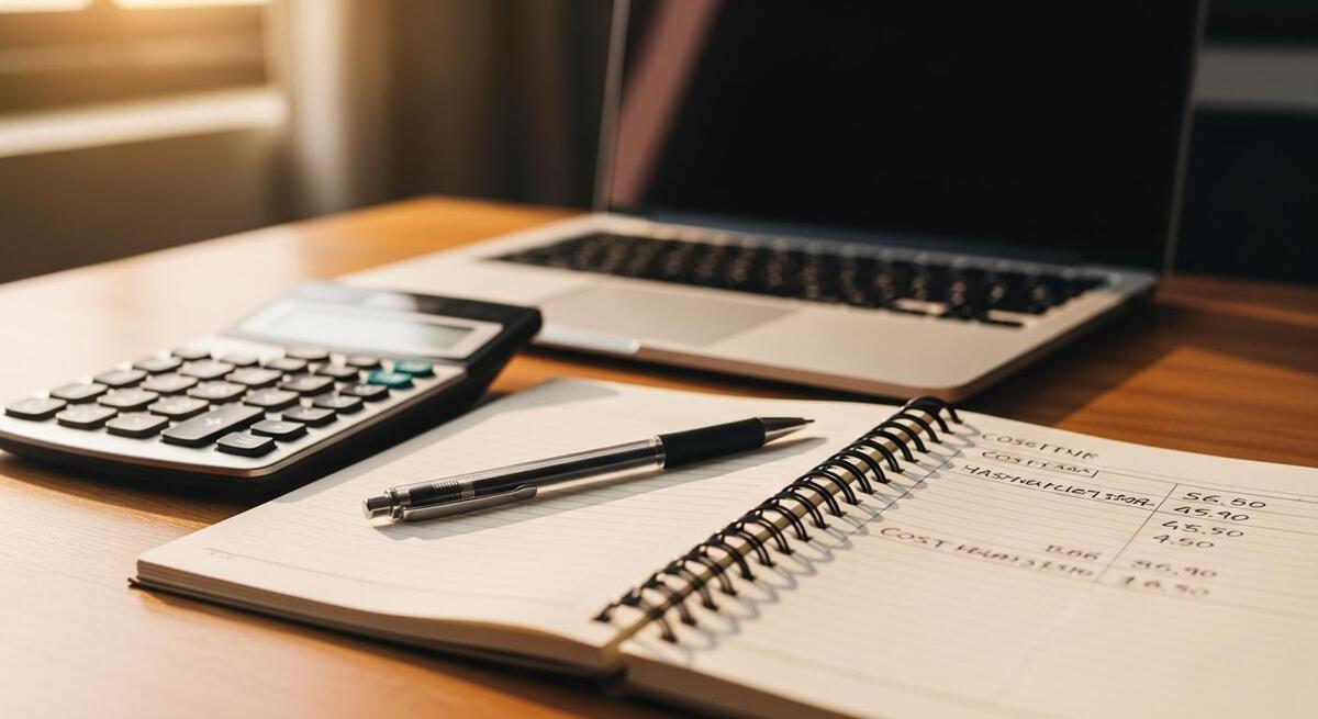 Calculator and notebook on a desk with cost figures