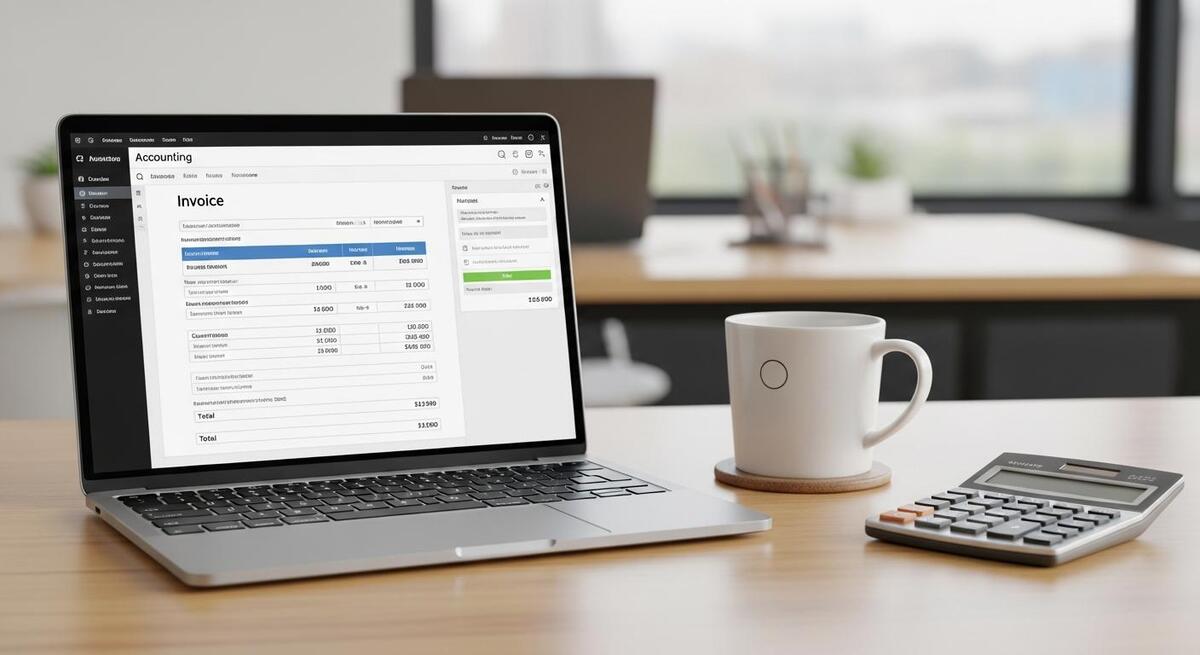QuickBooks invoice screen on a laptop in a home office